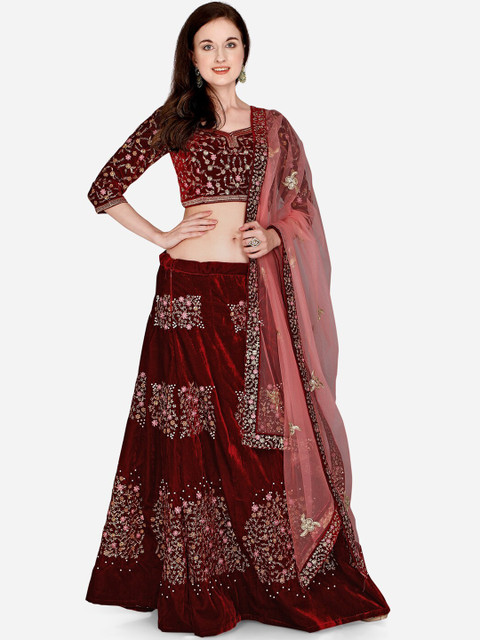 

Mitera Women Maroon & Gold-Coloured Embroidered Semi-Stitched Lehenga & Unstitched Choli With Dupatta
