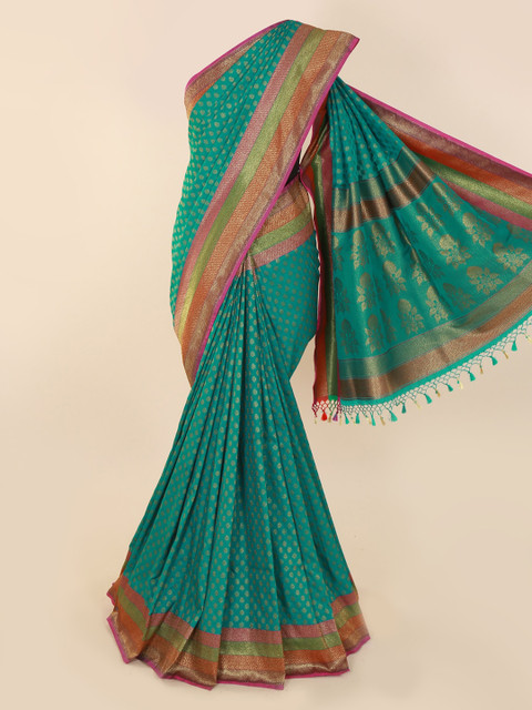 

Pothys Green Pure Silk Woven Design Banarasi Sareev with Jhalar Pallu