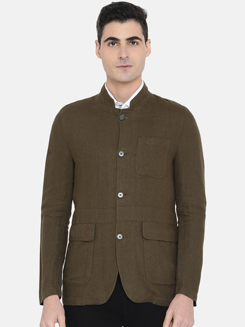 

True Blue Men Olive Green Solid Bandhgala Blazer
