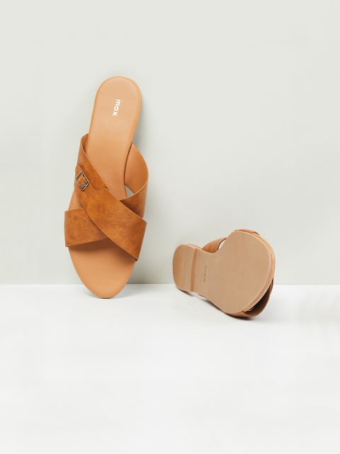 

max Women Tan Brown Solid PU Open Toe Flats