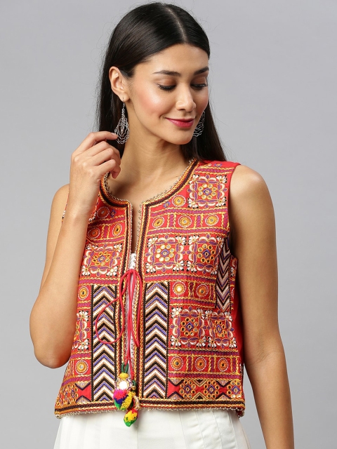 

Soch Women Red Self Design Tailored Jacket
