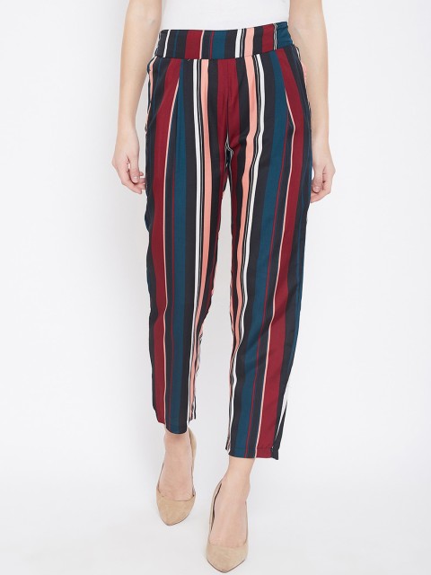 

U&F Women Black & Maroon Tapered Fit Striped Regular Trousers