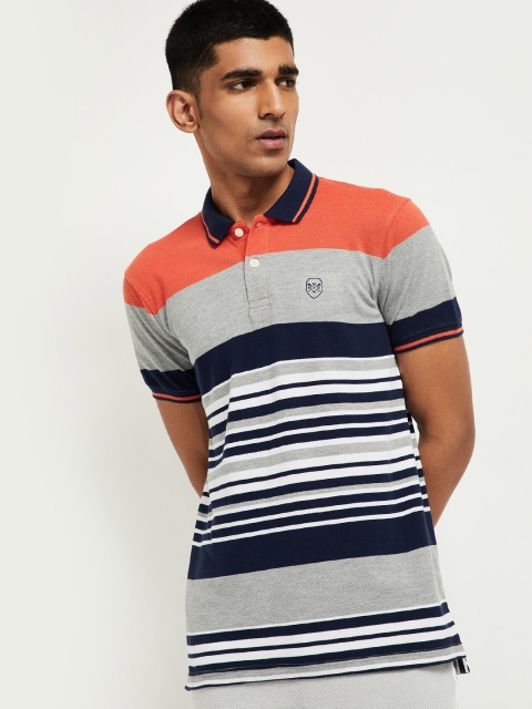 

max Men Orange Striped Polo Collar T-shirt