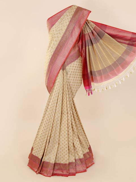 

Pothys Cream-Coloured & Red Pure Silk Woven Design Banarasi Saree