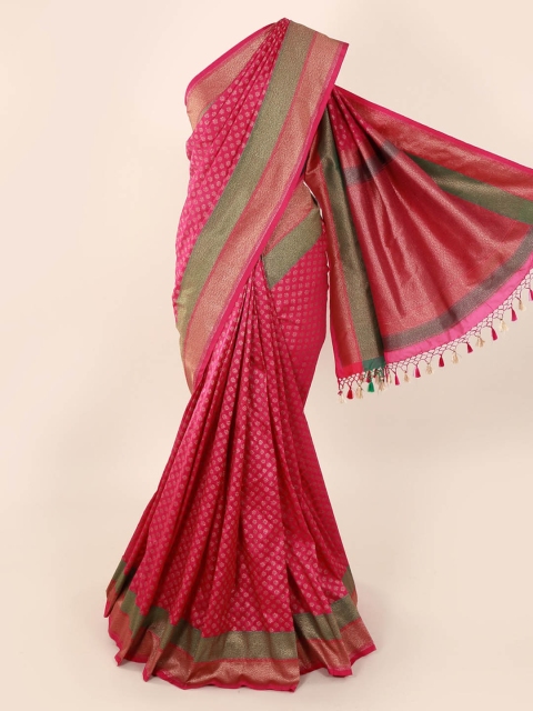 

Pothys Magenta & Gold-Toned Pure Silk Woven Design Banarasi Saree