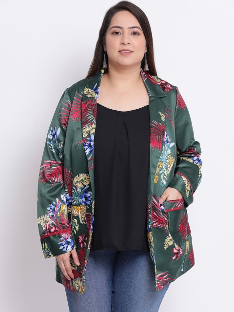Oxolloxo Women Green & Blue Floral Printed Single-Breasted Plus Size Front-Open Casual Blazer