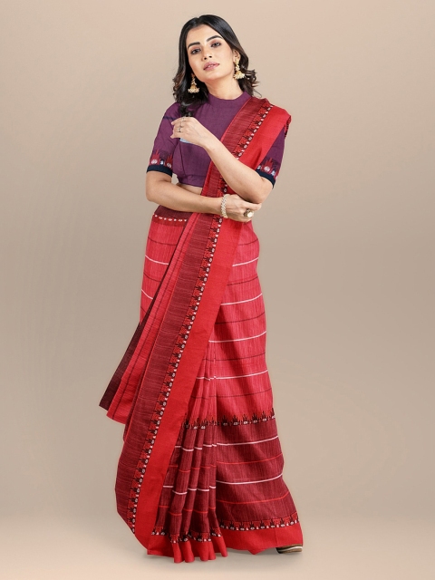 

BharatSthali Red & Blue Pure Cotton Striped Taant Saree