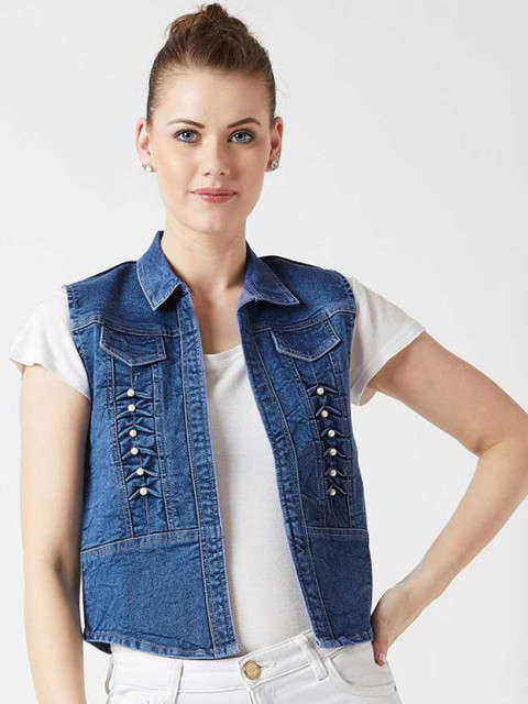 

U&F Women Blue Self Design Denim Jacket