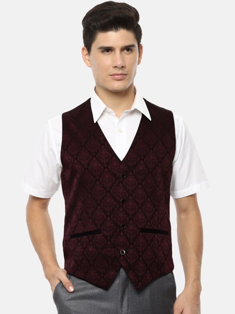 

V Dot Men Maroon Printed Woven Waistcoat