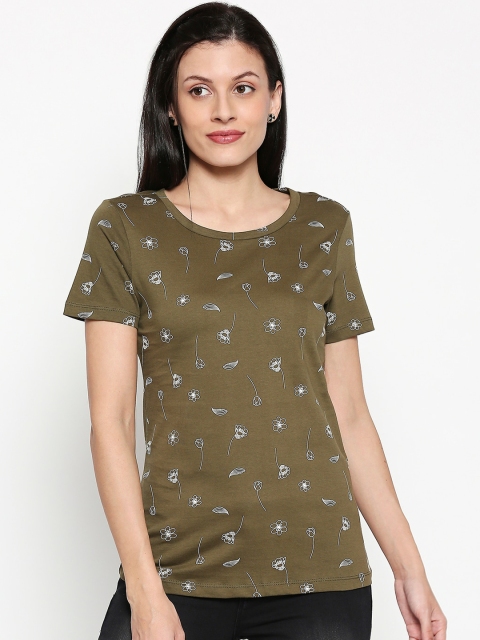 

Honey by Pantaloons Women Olive Green Printed Round Neck Pure Cotton T-shirt