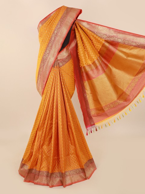 

Pothys Mustard Yellow & Orange Pure Silk Woven Design Banarasi Saree