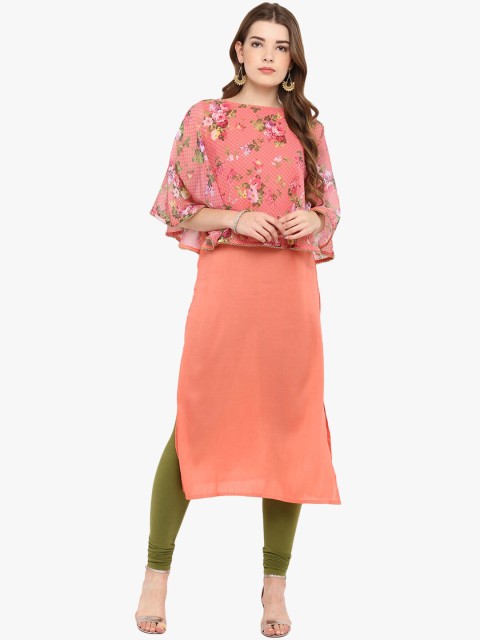 

Janasya Women Pink Floral Printed Flared Sleeves Straight Kurta