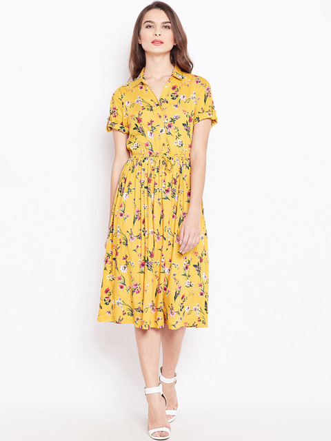 

Purplicious Women Mustard Yellow Printed Fit and Flare Dress