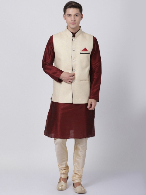 

TABARD Men Maroon & Beige Solid Kurta with Churidar with Jacket