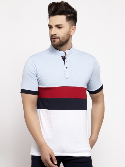 

Kalt Men White Colourblocked Mandarin Collar T-shirt