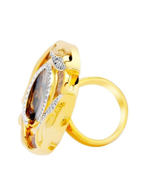 

shaze Rhodium-Plated Gold-Toned & White Stone-Studded Royal Emblem Finger Ring