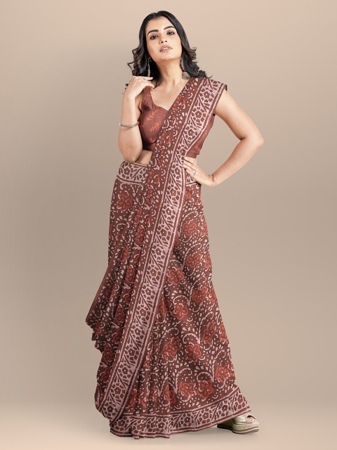 

BharatSthali Brown Pure Cotton Printed Block Print Sustainable Saree