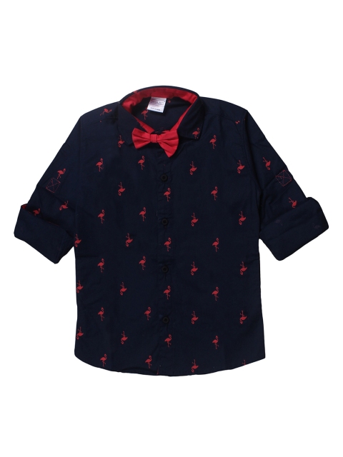 

Polka Tots Boys Navy Blue Regular Fit Printed Cotton Casual Shirt With Bow Tie