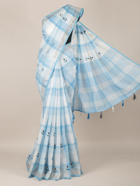 

Pothys Blue & White Linen Blend Embroidered Saree with Jhalar Pallu