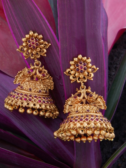 

Alankruthi Gold-Plated & Purple Contemporary Jhumkas