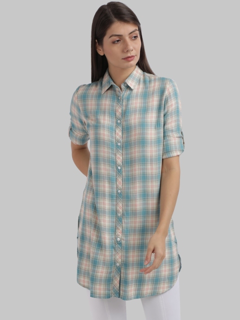 

Parx Women Beige & Blue Regular Fit Checked Casual Shirt