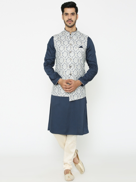 

Manyavar Men Navy Blue & White Solid Kurta with Pyjamas