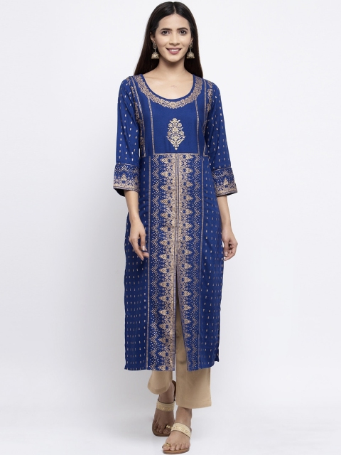 

Kiaasa Women Blue & Gold-Toned Printed Straight Kurta
