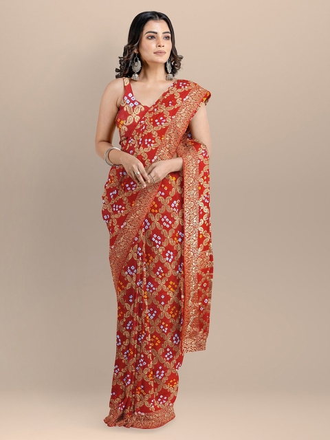 

BharatSthali Red & Beige Art Silk Woven Design Bandhani Saree