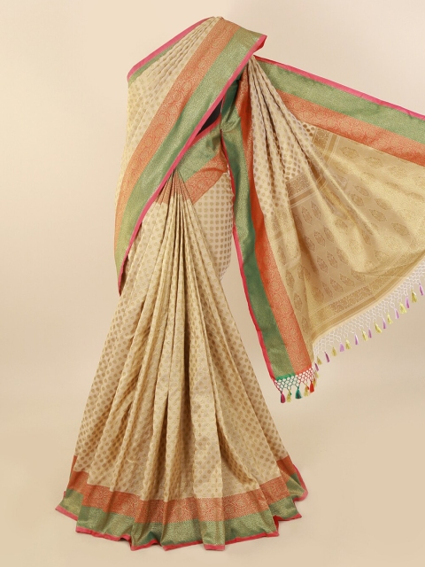 

Pothys Cream-Coloured & Gold-Toned Pure Silk Woven Design Banarasi Saree