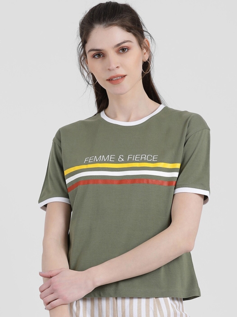 

Zink London Women Green Printed Round Neck Cotton Pure Cotton T-shirt