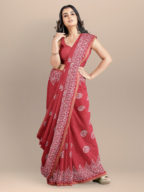 

BharatSthali Red Silk Cotton Printed Handloom Venkatgiri Saree