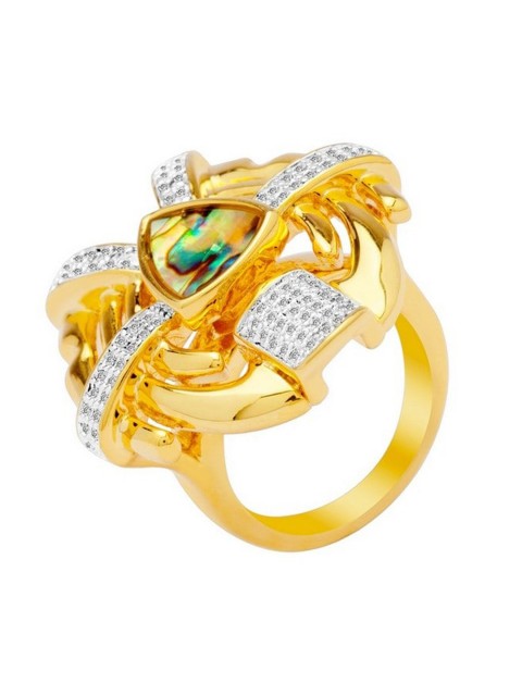 

shaze Rhodium-Plated Gold-Toned & White Stone-Studded Insignia Finger Ring