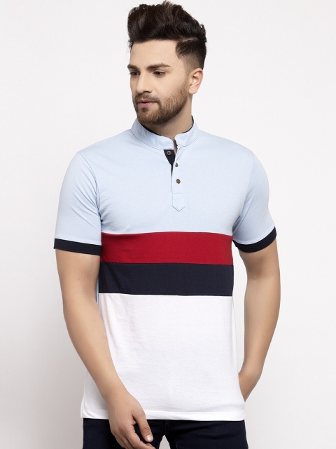

Kalt Men White Colourblocked Mandarin Collar T-shirt