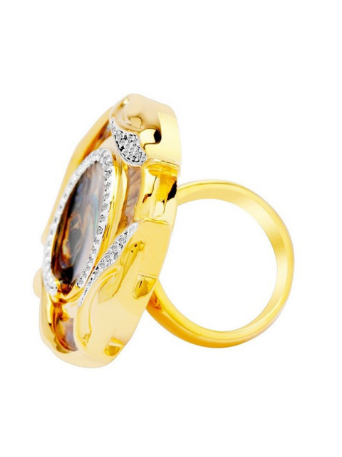 

shaze Rhodium-Plated Gold-Toned & White Stone-Studded Royal Emblem Finger Ring
