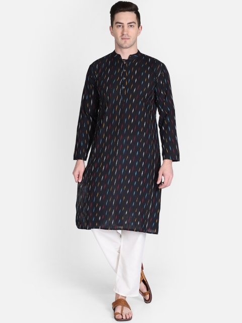 PAROKSH Men Black & Blue Printed Handloom Cotton Straight Kurta