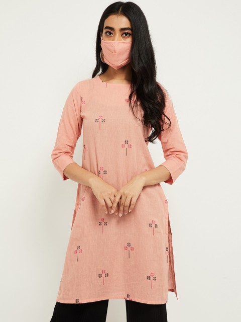 

max Women Peach-Colour & Pink Woven-Design Straight Kurti With Matching Mask