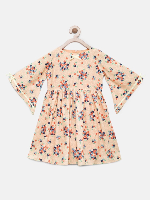 

mini miao Girls Peach-Coloured Printed Fit and Flare Dress