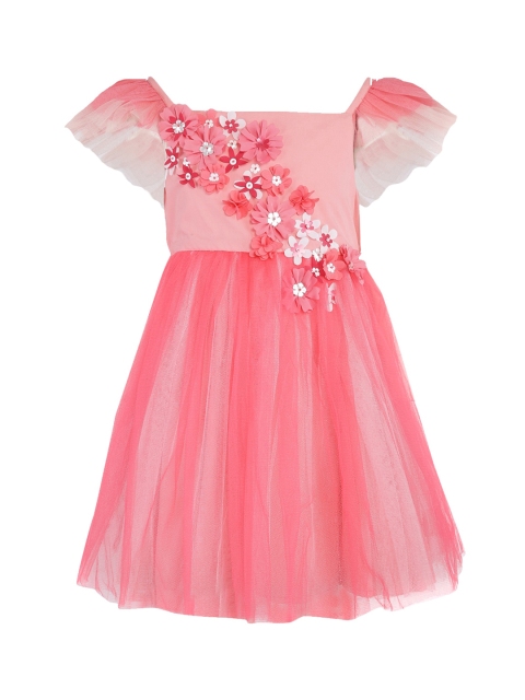 

A Little Fable Girls Coral Pink Self Design Fit and Flare Dress