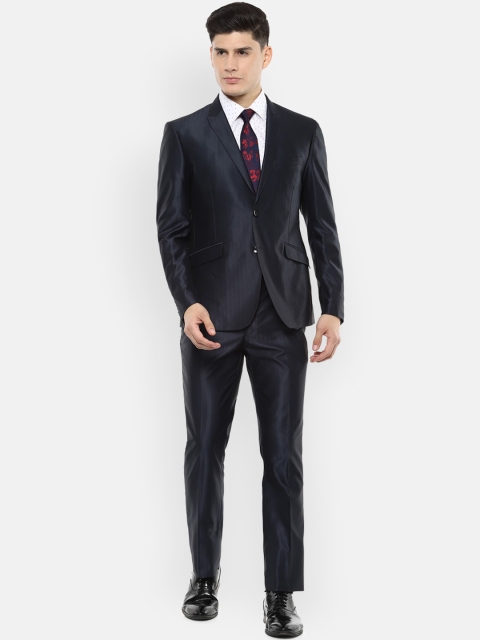 

V Dot Men Navy Blue Striped Slim-Fit Single-Breasted Formal Two-Piece Suit
