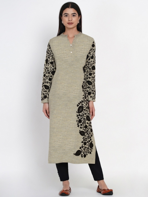 

FABNEST Women Beige & Black Embroidered Straight Kurta