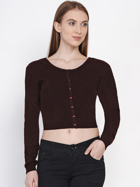 

FABNEST Women Brown Solid Crop Sustainable Cardigan Sweater