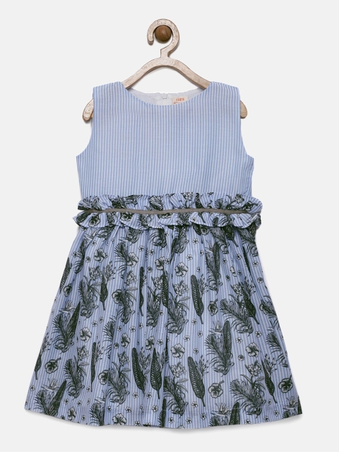 

mini miao Girls Blue Printed Fit and Flare Dress