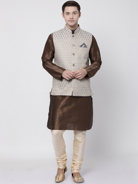

TABARD Men Brown & Silver-Toned Solid Kurta with Churidar