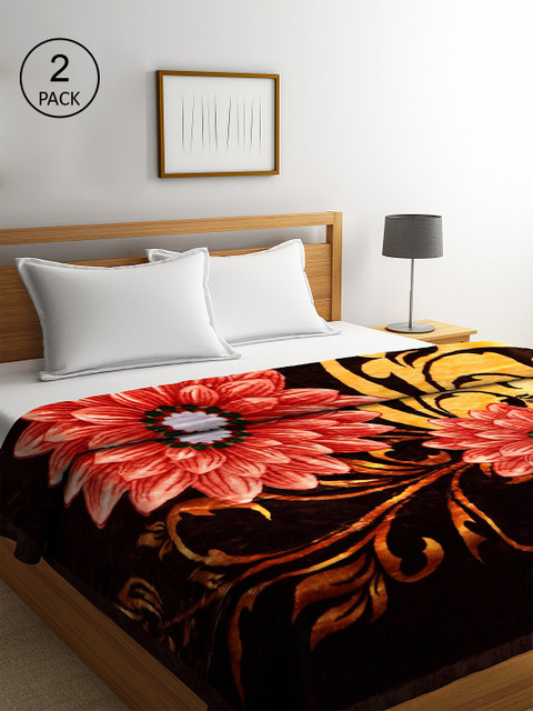 

KLOTTHE Set of 2 Brown & Peach-coloured Floral-Printed Heavy Winter 800 GSM Double Bed Blankets