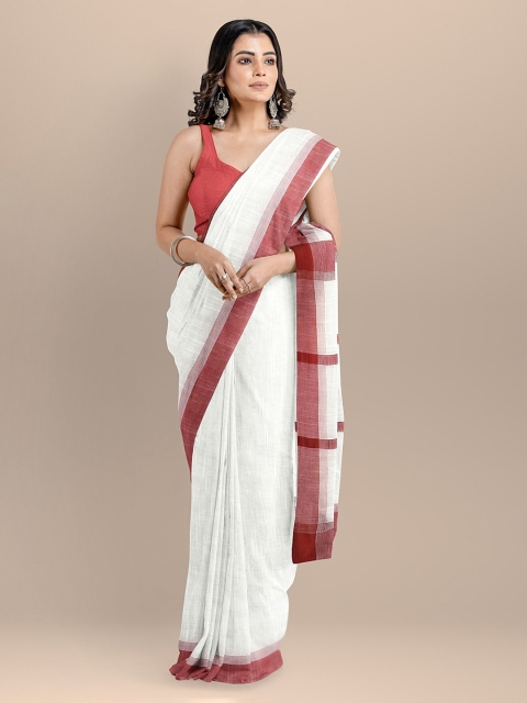 

BharatSthali White & Maroon Pure Cotton Solid Maheshwari Sustainable Saree