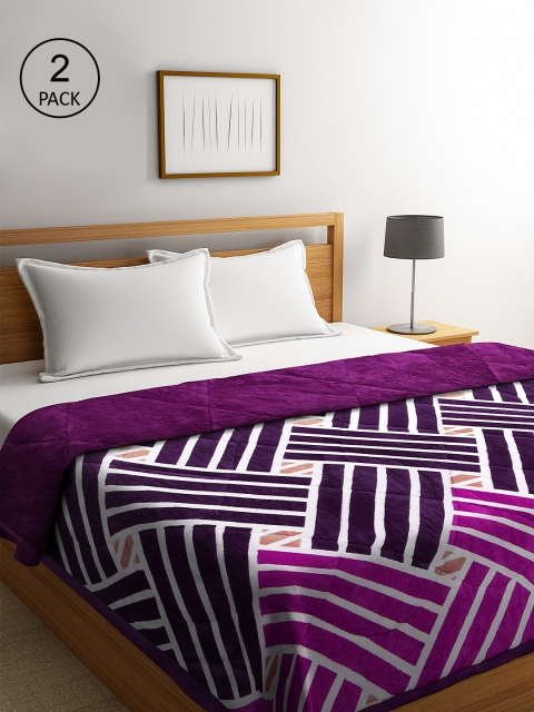 

KLOTTHE Set of 2 Purple & White Striped Heavy Winter 800 GSM Double Bed Quilts