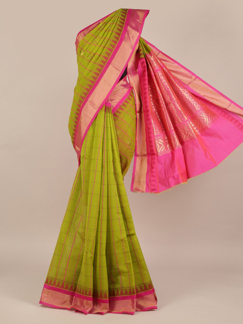 

Pothys Green & Pink Silk Cotton Checked Saree