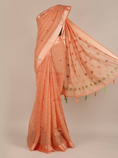 

Pothys Peach-Coloured Cotton Blend Embroidered Chanderi Saree