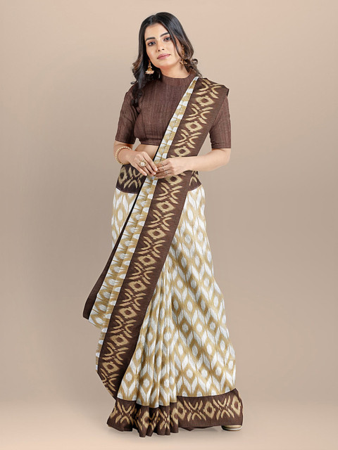 

BharatSthali White & Beige Silk Cotton Woven Design Sambalpuri Handloom Sustainable Saree