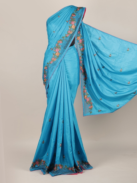 

Pothys Turquoise Blue Printed Art Silk Saree With Cut Work Border